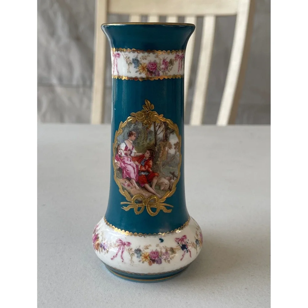 Vintage Teal Porcelain Bud Vase Fragonard Courting Scene Gold Gilt Floral 5.25in